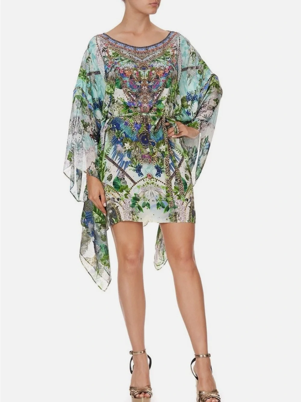 Camilla Silk Moon Garden Floral Multicolor Rhinestone Kaftan Mini Dress - Picture 1 of 7